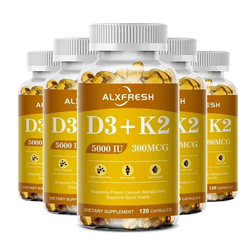 ALXFRESH D3+K2 vitamin supplement bottles, 5000 IU 300 MCG, 120 capsules