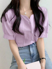 Chic Summer Soft Breeze Square Collar Open Cardigan ort Sve Loose Slimming Versatile Purple Women's irt Korean Sle