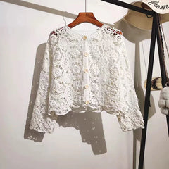 Long Sleeve Crochet Knit Top Beach Bikini Cover Up Button-up Cardigan Blouse Women blusas para mujer Vacation Boho Outfit