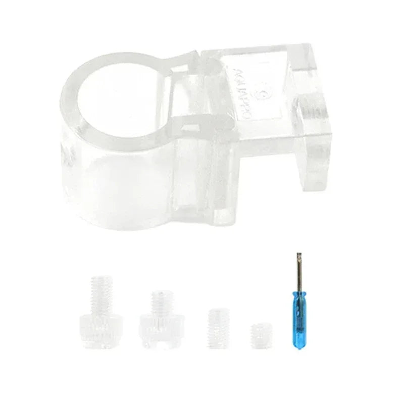 Aquarium hose clamp with clear plastic clip and blue-handled driver, looped end view