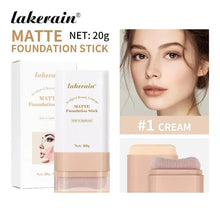 Matte foundation stick, shade #1 cream; light cream stick with box and swatch.