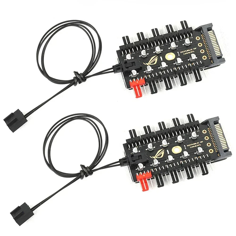 4-pin PWM fan hub splitter with two wired boards, black cables, and SATA-style connector