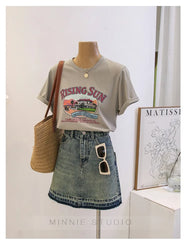 Anti-Aging Cartoon Print ort Sve Women's T-irt Loose Fit Summer Casual round Ne oulder Appropriate Outerwear