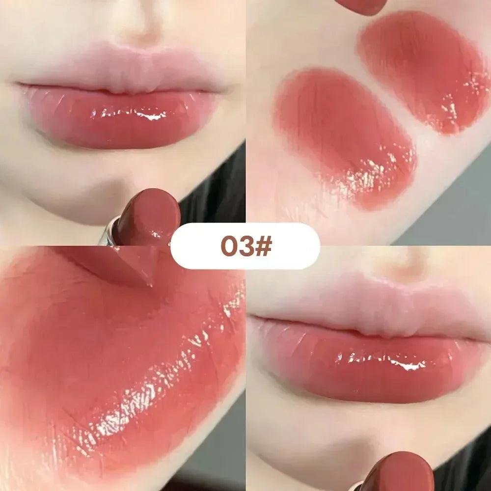 Glossy lip balm shade 03#, maroon-red lip swatch with shiny finish