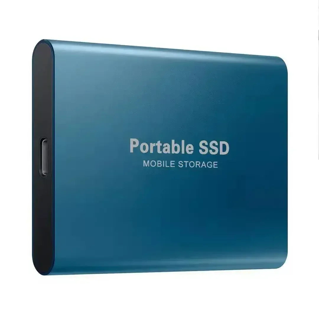 External SSD drive with blue metal casing and side USB port