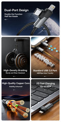 Essager PD 65W Max 2 in 1 Type C to Type C and Lightning For Samsung Xiaomi IPhone 14 13 12 11 Pro Max Xs Plus Data Cable