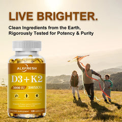 Vitamin D3+K2 5000 IU 300 MCG Vitamins Capsules | Non-GMO, Vegan, Nutural, Gluten-free | Health Supplement