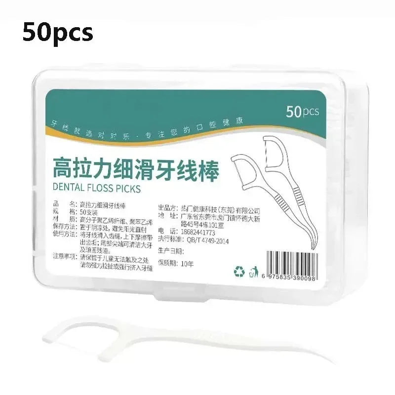 Dental floss picks box with teal label; clear tray and white U-shaped picks
