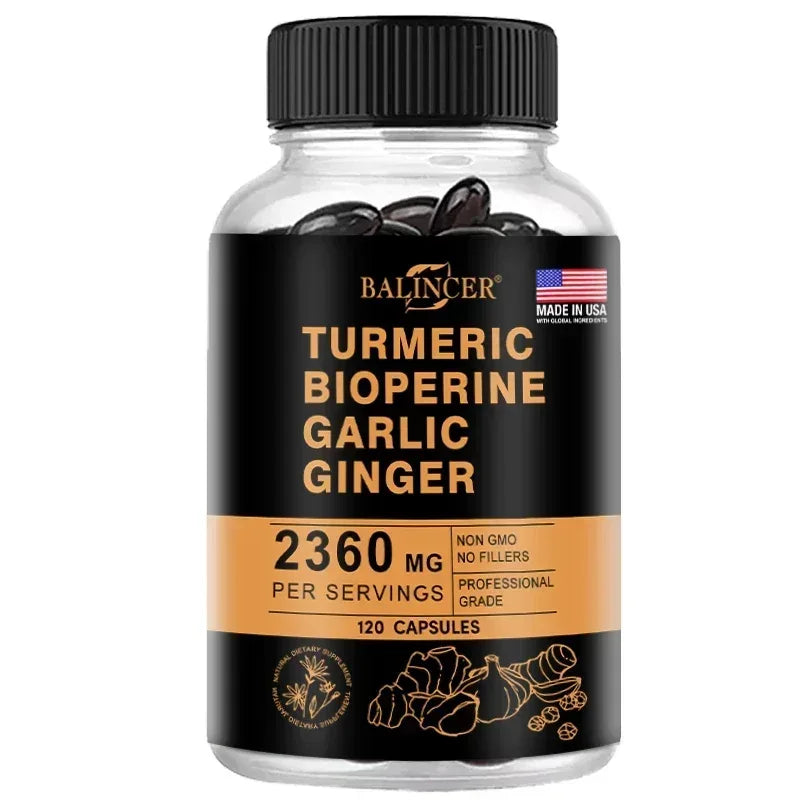 Turmeric bioperine garlic ginger supplement bottle, 2360 mg per serving, 120 caps