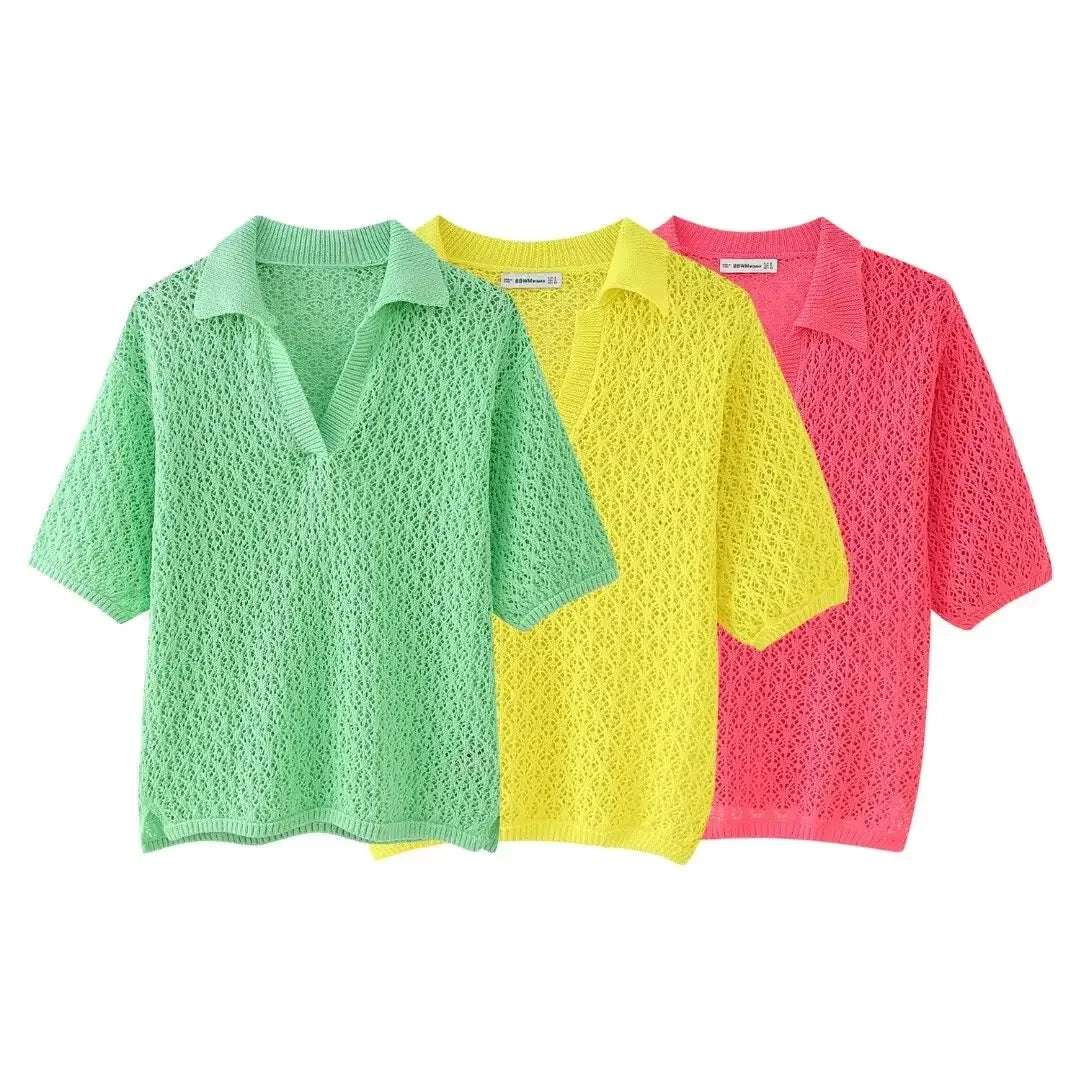 Women Fashion New Short Sleeve Jacquard Mesh Loose Polo Collar Sweater Pullover Tops Chic Female Knit Sweaters Mujer