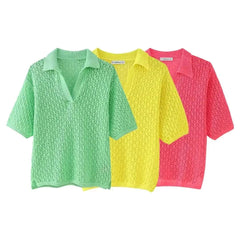 Women Fashion New Short Sleeve Jacquard Mesh Loose Polo Collar Sweater Pullover Tops Chic Female Knit Sweaters Mujer