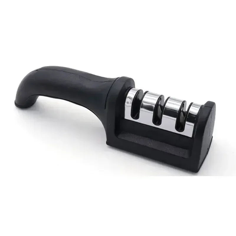 Three-stage knife sharpener with black handle and dark base, angled view