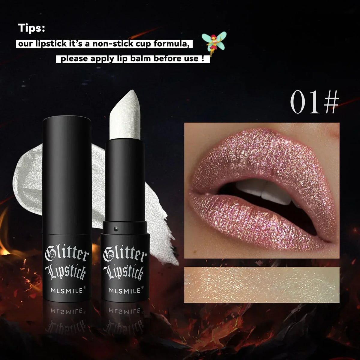 Glitter lipstick tube with shade 01 and metallic pinkish nude lip swatch