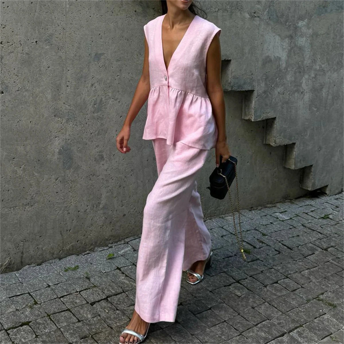 Fashion Pink 2 Piece Set Women Summer Chic Elegant Outfit Single Breasted Sleeveless Ruffles Tank Top Loose Wide-leg Pants Sets