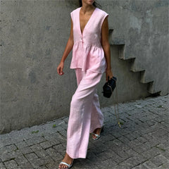 Fashion Pink 2 Piece Set Women Summer Chic Elegant Outfit Single Breasted Sleeveless Ruffles Tank Top Loose Wide-leg Pants Sets
