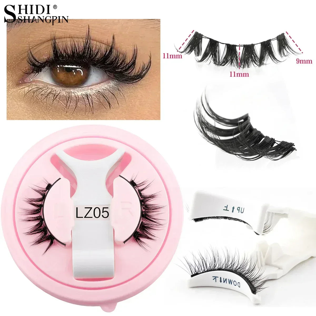 Magnetic faux mink false eyelash pair with pink holder and black lashes, plus tweezers