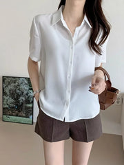 Ele Chiffon irt ort Sve Summer New Loose Collar  Ne White Top Women's Faion Commute Sle Straight Cut