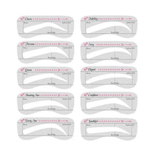 Eyebrow stamp stencil set with multiple curved template strips in a labeled layout