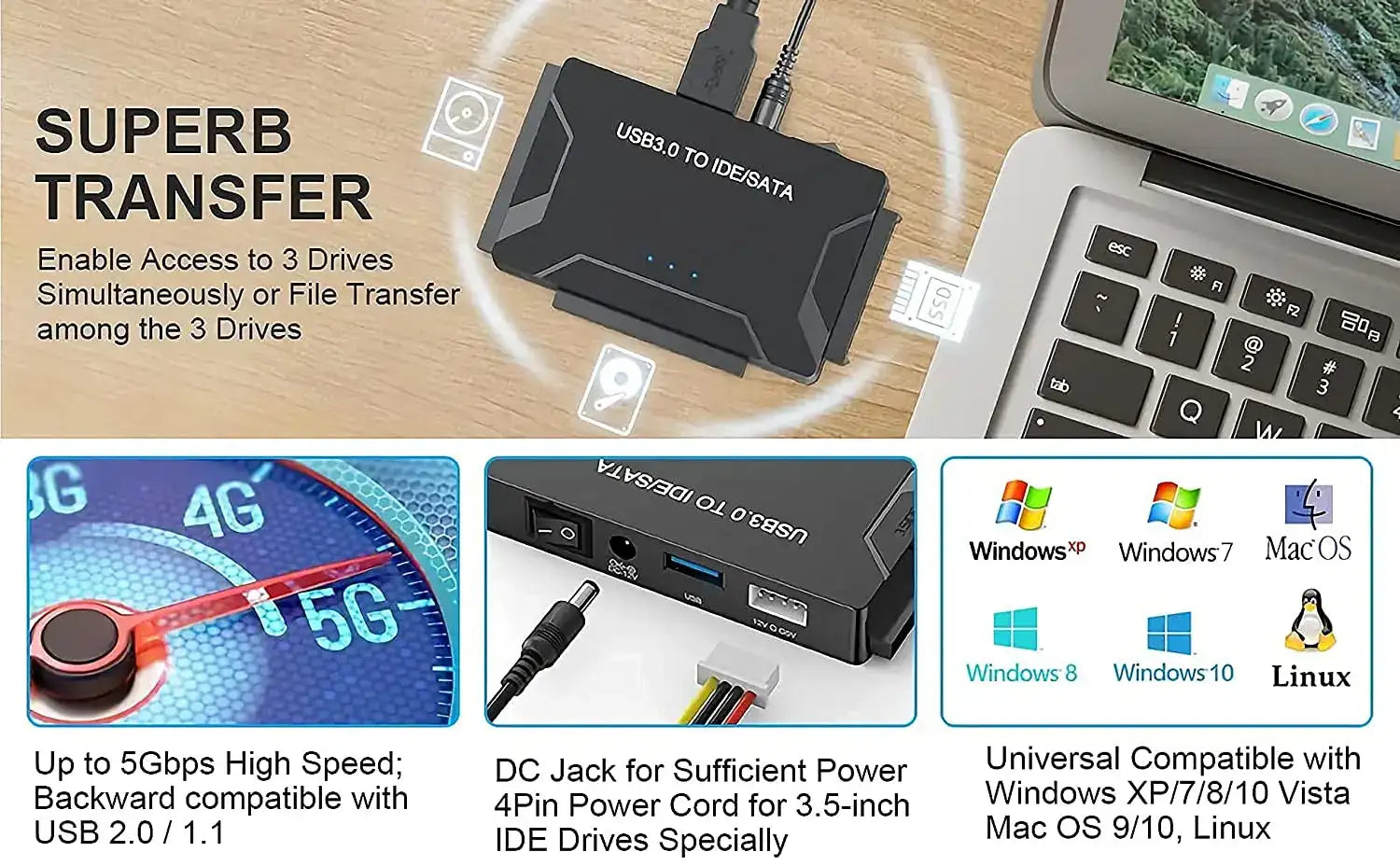 SATA/IDE to USB 3.0 Adapter Hard Drive Adapter Converter for Universal 2.5/3.5 Inch IDE SATA HDD SSD with 12V 2A Power Adapter