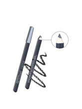 Makeup gift set with dark eyeliner pencil and mascara tubes, with pencil tip close-up