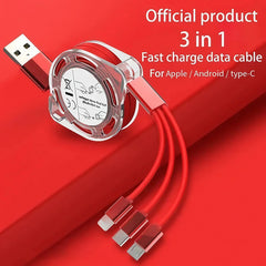 3-in-1 Telescopic USB Fast Charging Cable for iPhone 15/Samsung S23/Huawei, Type-C & Android Phone, 3A Nylon-Braided Durable Cha