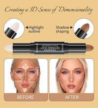 2-in-1 contour stick with highlight and shadow tips and before/after face panels