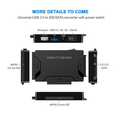 محول محرك الأقراص الصلبة SATA/IDE إلى USB 3.0 لمحول محرك الأقراص الصلبة العالمي 2.5/3.5 بوصة IDE SATA HDD SSD مع محول طاقة 12 فولت 2 أمبير