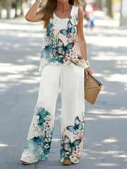 Casual High Street Fashion T-Shirt Straight Leg Pants Suit Women's Printed Sleeveless Vest Loose Pants Simple Summer Set Clothes