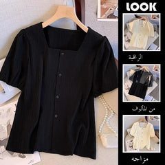 Ele Bla Bubble Sve irt Women's Summer Thin Korean Sle Square Collar Doll irt ort Sve Lace Snowflake Design