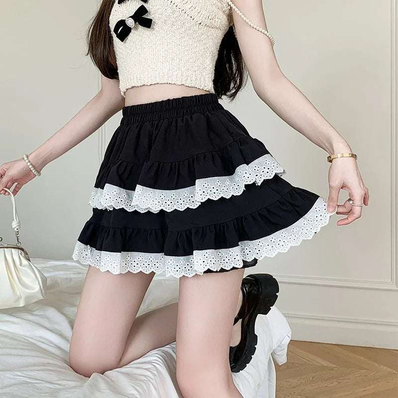 Mini Skirt Cute Sexy Balletcore Elastic High Waist Ball Gown Ruffle Patchwork Lolita Skirt Short Korean Sweet Y2K Women Clothing