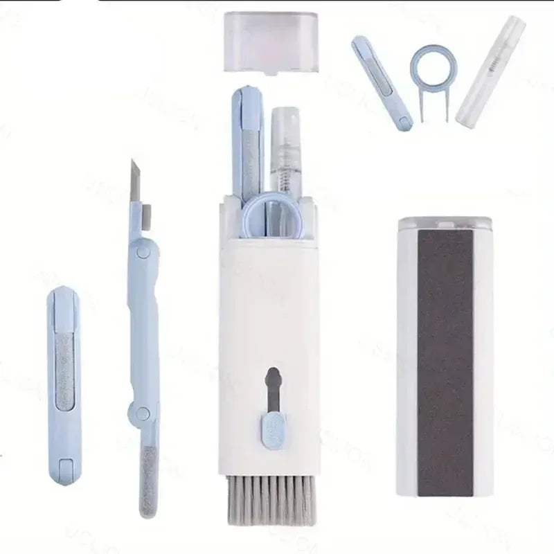 Light blue and white computer cleaning accessory set with sponge pads, brushes, and pick tools