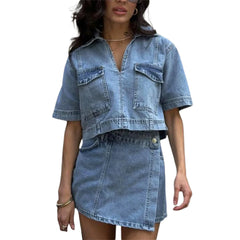 Women’s 2 Piece Denim Outfits Set Short Sleeve Lapel Neck Cropped Jean Pullover Tops + Button High Waist Asymmetrical Shorts
