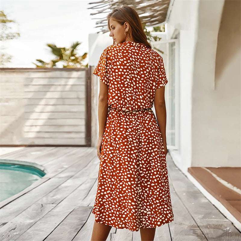 Polka Dot Short Sleeved Dress shirt Collar  Dress European and American Fashion Dress