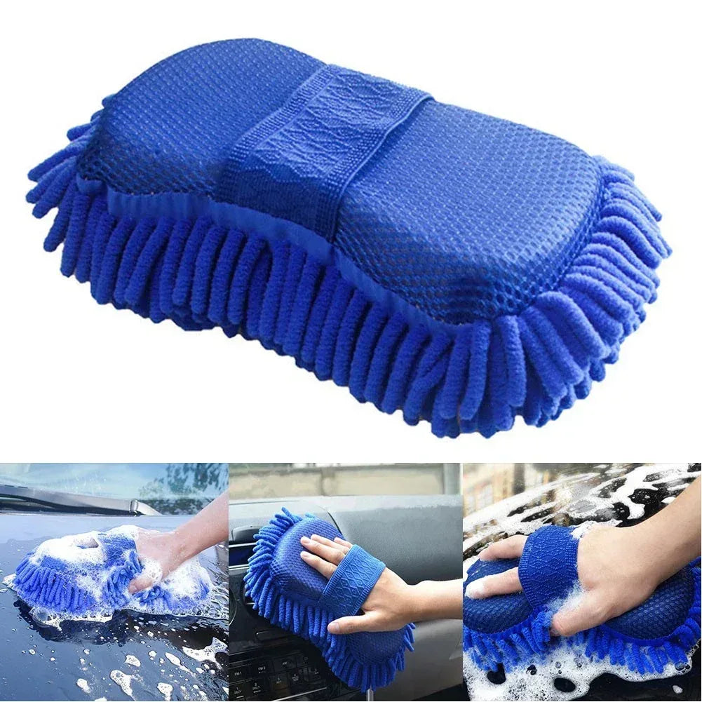 Blue microfiber chenille car wash sponge with textured pad and tasseled scrub edge