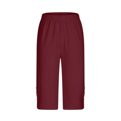 High-Waisted Elastic Seven-Foot Pants Women's Mid-Calf Trousers Base Layer Clothing with Button Detail