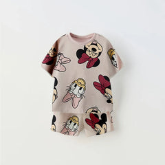 Cartoon Print Tshirt+Shorts Two Piece Set For Kids New Fashion Costume Boys And Girls Donald Duck Full Print Short Sleeve Shorts