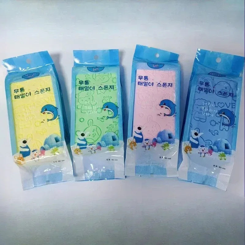 Packaged bath sponge scrub pads in blue, yellow, and purple bags with animal graphics