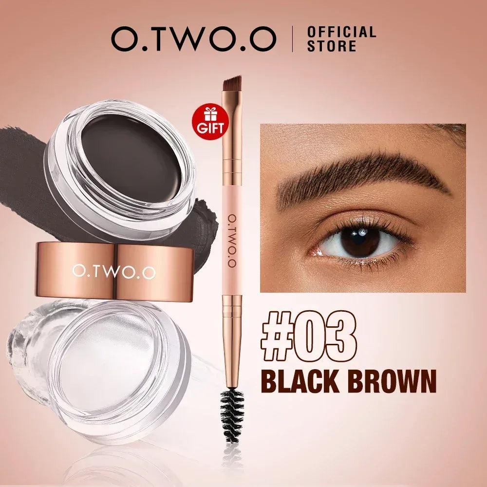 Eyebrow pomade set in #03 black brown, open jars and spoolie applicator with swatch