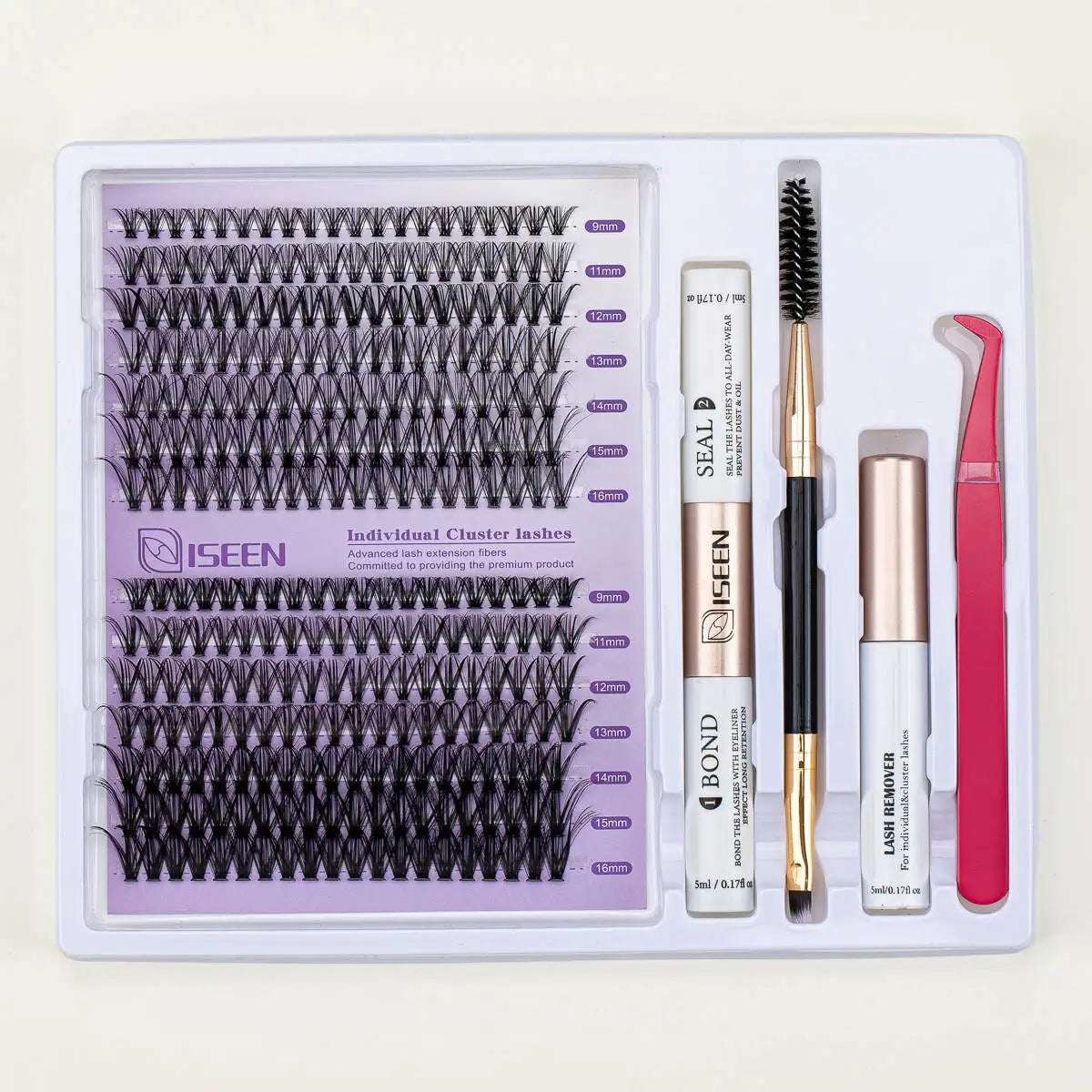 ISEEN DIY Lash Extension Mix Styles Lash Clusters Individual with Bond&Seal Remover Tweezers Lash Brush for Self Application