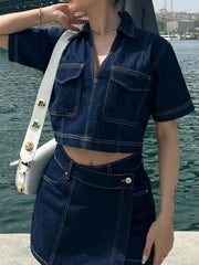 Women’s 2 Piece Denim Outfits Set Short Sleeve Lapel Neck Cropped Jean Pullover Tops + Button High Waist Asymmetrical Shorts