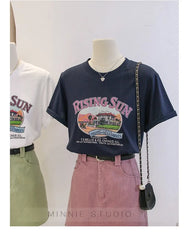 Anti-Aging Cartoon Print ort Sve Women's T-irt Loose Fit Summer Casual round Ne oulder Appropriate Outerwear