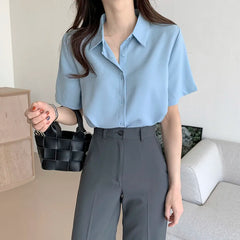 Ele Chiffon irt ort Sve Summer New Loose Collar  Ne White Top Women's Faion Commute Sle Straight Cut