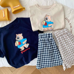 Cartoon Pattern Children Short Sleeved Suit T-shirt Outfits Summer Clothing Loose Fashion Casual Two Piece Set Plaid Shorts Set