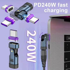 3 IN 1 240W USB-C to Type-C Adapter 180° Rotation Magnetic Fast Charging Type C Female Converter for Macbook Pro iPhone 16 15