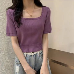 Slim Fit ort Sve Ice Silk Knitted irt Women's Faion Spring Summer Thin Sle Square Collar Princ Sve Top