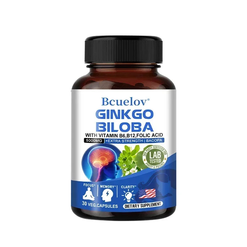 Ginkgo Biloba Capsules Memory Support Supplement, Brain Function & Mental Alertness, Focus, Concentration, with Vitamin B6 B12
