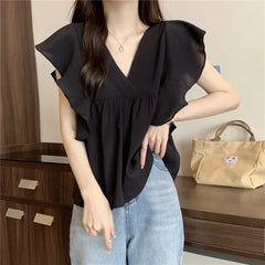 Ele Summer New Sle Women's irt Beautiful Soft Korean Sweet Fly Sve V-ne Top Polyester Fiber Casual Faion
