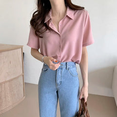 Ele Chiffon irt ort Sve Summer New Loose Collar  Ne White Top Women's Faion Commute Sle Straight Cut