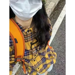2024 New Blue Plaid irt Jaet Women's Loose Casual Meat Covering Middle Length irt Outerwear Trendy Forest System