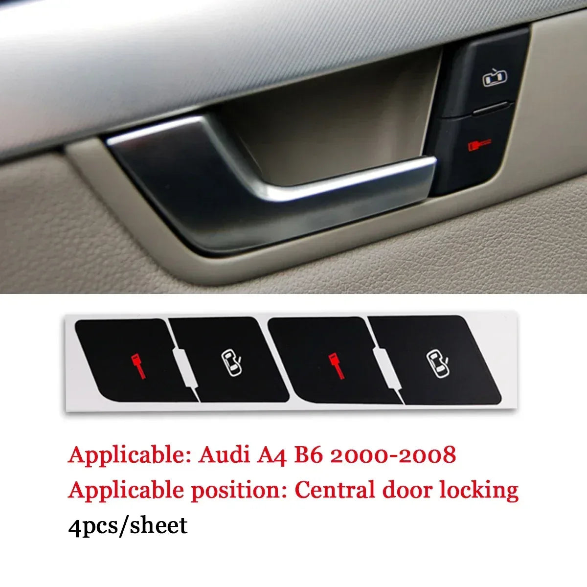 Central door lock button repair sticker strip with black icons and red indicators
